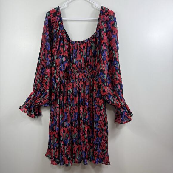 Arula New Black Floral Pleated Mini Dress 1X Long Balloon Sleeve Ruffle Cuffs - Picture 14 of 15